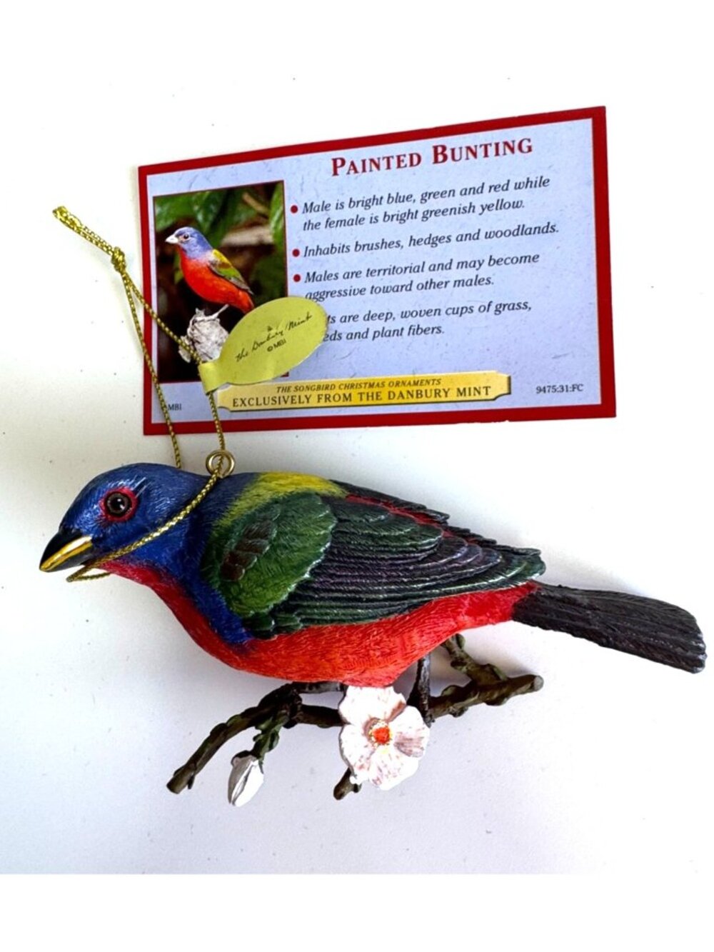 Danbury Mint Bird Ornament Redhead & Painted Bunting Resin Christmas Decor - Picture 2 of 8